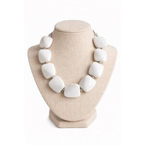 Y2K Chunky White Beaded Statement Necklace Silver Tone Clasp Retro Mod Jewelry